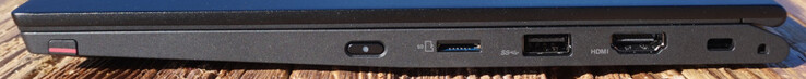 Sağ: ThinkPad Pen Pro, güç düğmesi, microSD, USB-A (10 Gbps), HDMI 2.0, Kensington Kilidi