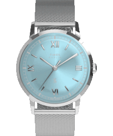 Timex x Todd Snyder Marlin Mesh saat, su mavisi sunburst kadran ve Milanese bilezik ile öne çıkıyor.