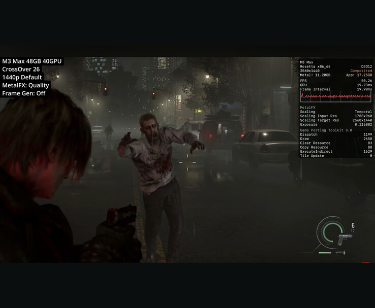 Resident Evil Requiem, M3 Max Mac üzerinde CrossOver 26 aracılığıyla 1440p'de MetalFX Kalitesiyle çalışıyor ve yaklaşık 50 FPS gösteriyor.