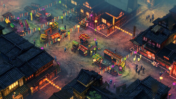 Shadow Tactics: Blades of the Shogun oyununda bir şehri gösteren bir görsel.