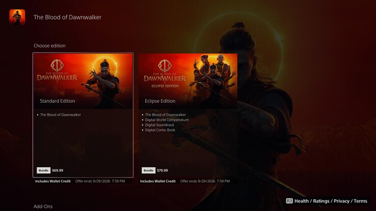 PS Store'daki "The Blood of Dawnwalker" listesi.