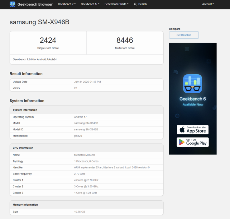 Cihazda bulunan MediaTek Dimensity 9500, test edilen ünitedeki 12 GB RAM ile tek çekirdek testlerinde 2.424, çoklu çekirdek testlerinde ise 8.446 puan aldı.