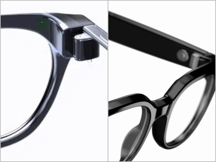 Çerçevenin iç kısmındaki LED göstergesi (sol) ve Warby Parker’ın “ Galaxy ” gözlüklerinin yakın çekimi.
