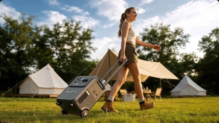 Teleskopik tutamak ve tekerlekler Bluetti Elite 400'ün taşınmasını kolaylaştırır.