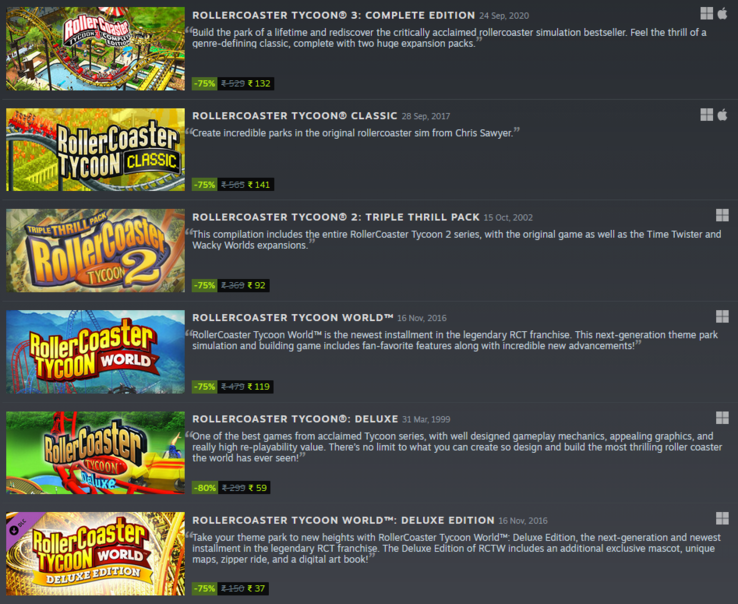 Bunlar, Hindistan'daki RollerCoaster Tycoon serisinin oyunları için indirimli fiyatlardır.