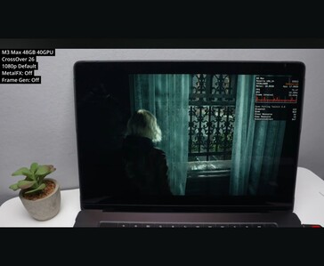 M3 Max MacBook Pro'da CrossOver 26 aracılığıyla 1080p varsayılan ayarlarda çalışan Resident Evil Requiem, iç mekan sahnesinde yaklaşık 73 FPS gösteriyor.