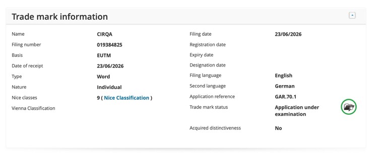 Avrupa Fikri Mülkiyet Ofisi’nde (EUIPO) kayıtlı Garmin CIRQA Patent No. 019384825