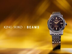 King Seiko x Beams SDKA025 saat, stilize edilmiş sarı-turuncu bir arka plana karşı resmedilmiştir. (Resim kaynağı: PR Times JP)