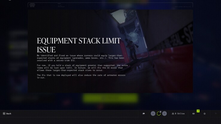 Bungie, sunucu tarafında yapılan bir düzeltmenin artık Marathon'da beklenenden daha büyük ekipman yığınlarını önlediğini, desteklenmeyen ekstra öğelerin infilak sırasında kaybolduğunu ve koşular sırasında karıncayiyen hatalarının a