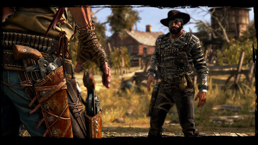 Call of Juarez: Gunslinger oyununda bir düello sahnesini gösteren bir görsel.