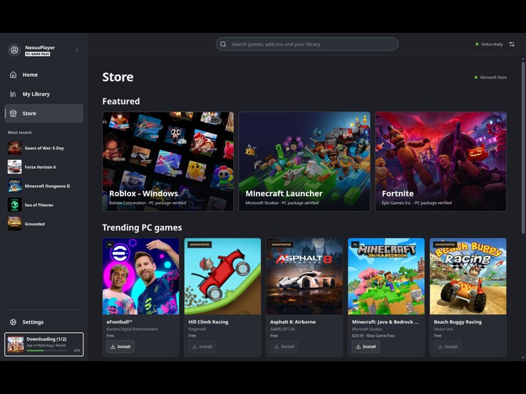 Mağaza sayfası, Steam Deck kullanıcılarının Microsoft Store ve PC Game Pass'ten oyun indirmelerini sağlamak için tasarlanmıştır. (Görsel: Xodus Nexus başlatıcısından bir ekran görüntüsü.)