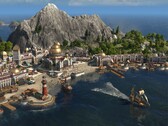 Anno 1800'de bir adadaki şehri gösteren bir görüntü.