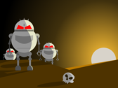 Bir insan kafatasının yanında duran karikatürize robotlar