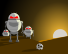 Bir insan kafatasının yanında duran karikatürize robotlar