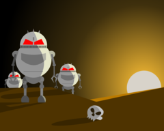 Bir insan kafatasının yanında duran karikatürize robotlar