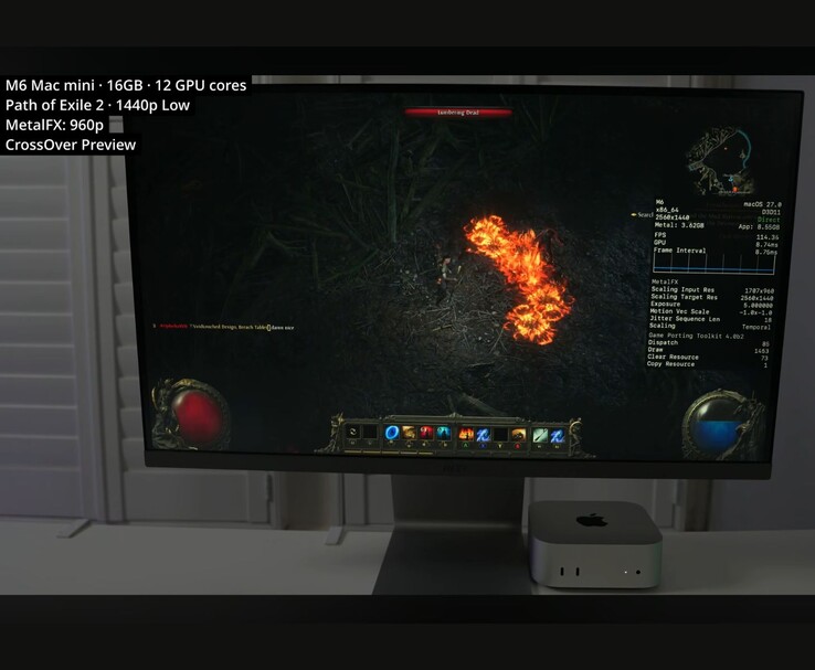 Path of Exile 2, CrossOver aracılığıyla 16 GB M6 Mac mini üzerinde 1440p düşük ayarlarda çalışıyor.