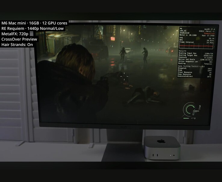Resident Evil Requiem, CrossOver aracılığıyla 16 GB M6 Mac mini'de yaklaşık 50 FPS hızında çalışıyor.