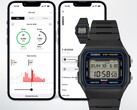 Casio F-B100W dijital saat, adım ve aktivite izleme verilerini gösteren, saatle bağlantılı Life Log uygulamasının açık olduğu iki akıllı telefon ekranının önünde gösterilmektedir.