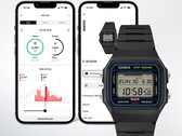 Casio F-B100W dijital saat, adım ve aktivite izleme verilerini gösteren, saatle bağlantılı Life Log uygulamasının açık olduğu iki akıllı telefon ekranının önünde gösterilmektedir.
