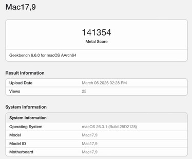 Apple M5 Pro için metal skoru.