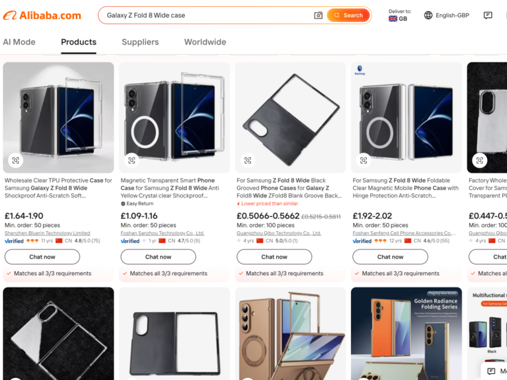 Galaxy Z Fold 8 Wide kılıfları Alibaba'da listelenmiştir.