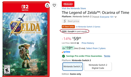 Zelda: Ocarina of Time'ın Amazon ürün sayfası ve satışları gösterildi