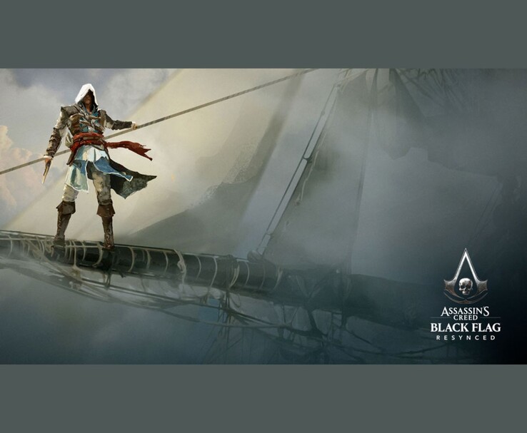 Assassin's Creed Black Flag Resynced'ın Edward Kenway'i bir gemi direği üzerinde gösteren resmi çizimi.