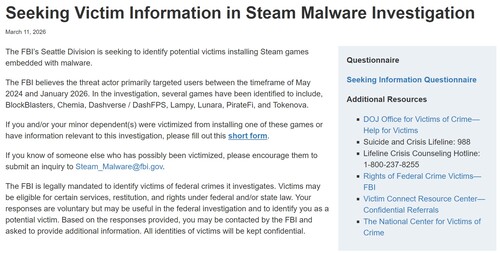 Steam kötü amaçlı yazılım soruşturması hakkında FBI bildirimi