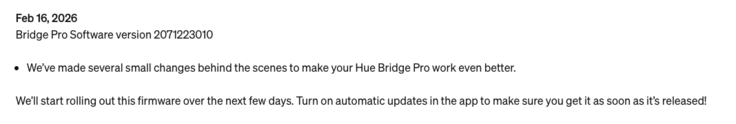Philips Hue Bridge Pro yazılım sürümü 2071223010 sürüm notları