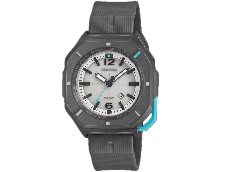 Gri kasalı, beyaz kadranlı, turkuaz detaylara sahip ve siyah kayışlı Casio Pro Trek PRJ-01AE-8 analog saat