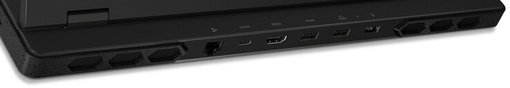 Arka kısım: Gigabit Ethernet, USB 3.2 Gen 2 (USB-C; Güç Dağıtımı, DisplayPort), HDMI, 2x USB 3.2 Gen 1 (USB-A), güç bağlantı noktası