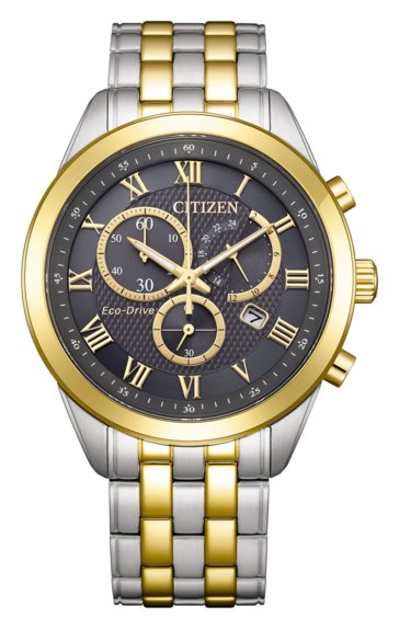 Citizen AT2604-56H Eco-Drive kronograf, kömür grisi dokulu kadranı, altın rengi çerçeve ve ibreleri ile iki renkli paslanmaz çelik bileziğiyle öne çıkıyor.