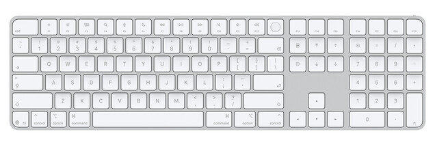Apple’ın sayısal tuş takımı içeren yeni Magic Keyboard’unda da bazı tuşlardaki metin etiketleri simgelerle değiştirilmiştir.