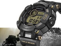 Casio G-Shock Frogman GWF-D1000BC-1JF, kalın asimetrik kasası ve kompozit kayışı öne çıkacak şekilde bir açıyla gösterilmiştir.