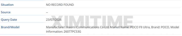 GSMA IMEI veritabanında yer alan Poco F9 Ultra kaydı.