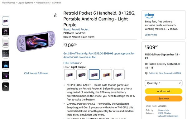 Amazon'da satılan Retroid Pocket 6'nın sol joystick'i D-pad'in üzerinde yer almaktadır.