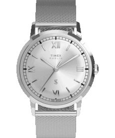 Timex x Todd Snyder Marlin Mesh elbise saati, gümüş renkli güneş ışını desenli kadran ve Milanese bilezik ile.