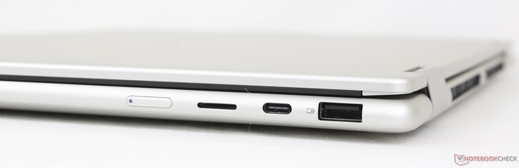 Sağ tarafta: Güç düğmesi, MicroSD okuyucu, DisplayPort 1.4a + Güç Dağıtımı ile USB-C (10 Gbps), USB-A (5 Gbps)