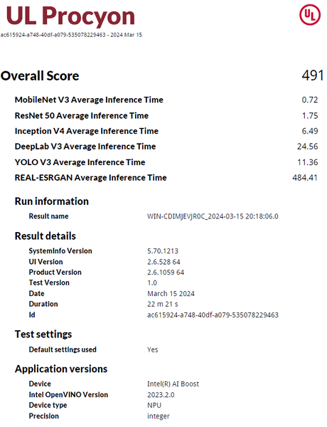 UL Procyon NPU Integer test sonuçları