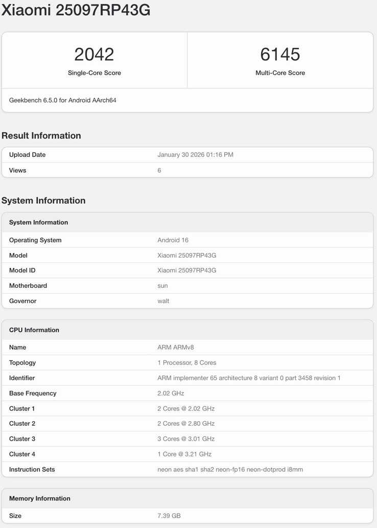 Xiaomi Pad 8'in global varyantının Geekbench listelemesi.