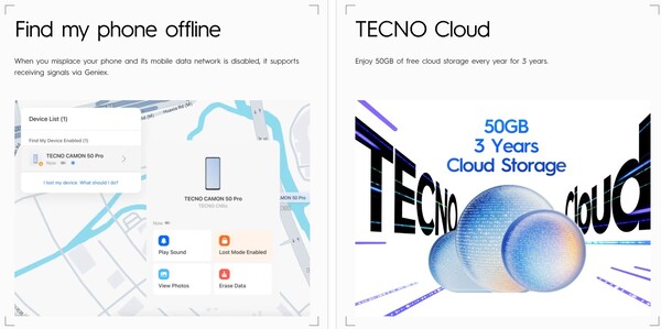 Camon 50 serisi, çevrimdışı Telefonumu Bul özelliğine ve üç yıl boyunca ücretsiz bulut depolama alanına sahiptir.