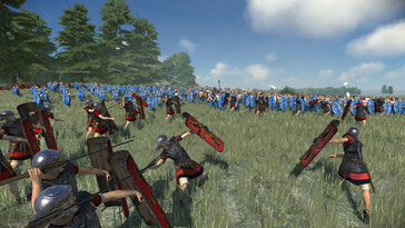 Total War: Rome Remastered oyununda Julii ve Britonlar arasındaki bir savaşı gösteren bir görsel.