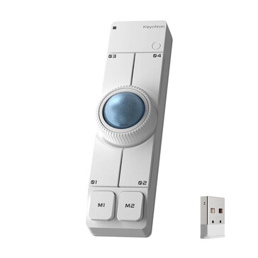 Beyaz renkli Keychron Nape Pro kablosuz trackball fare ve USB Tip-A dongle