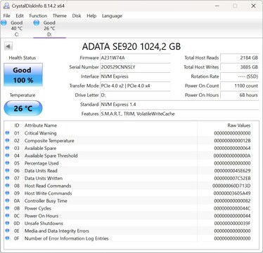 ADATA SE920, PCIe 4.0 x2'yi destekler
