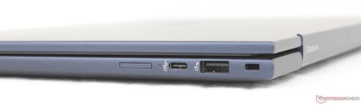 Sağ tarafta: Nano-SIM yuvası (isteğe bağlı), Güç Dağıtımı ile USB-C 10 Gbps + DisplayPort 1.4, USB-A 5 Gbps, Asil kilit