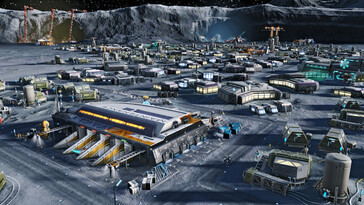 Anno 2205'te Ay'daki bir şehri gösteren bir görüntü.