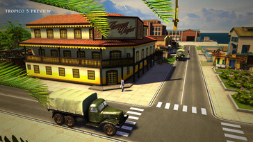 Tropico 5'te bir bina ve bir arabayı gösteren bir resim.