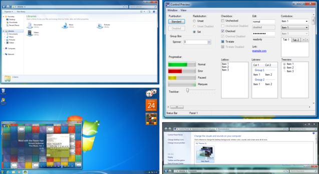 Classic 7, Windows 7 başlat menüsünü ve görev çubuğunu, temaları, gadget'ları ve Windows Vista ile ilk kez sunulan orijinal Aero Glass'ı destekler