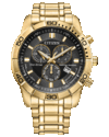 Siyah kadranlı, altın rengi 44 mm paslanmaz çelik kasa ve bilezikli, sabit 60 dakikalık çerçeveye, üç alt kadrana ve tarih penceresine sahip Citizen Classic Eco-Drive kronograf.