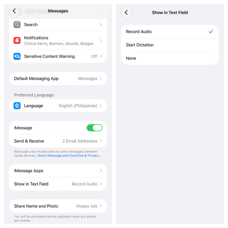 Apple Mesajlar'da dikte düğmesini gizlemek için eklenen yeni
